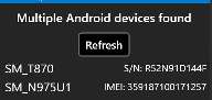 Multiple Android devices found dialog listing serial numbers and IMEI codes