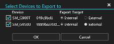 Select Devices to Export to dialog with internal and external destination options