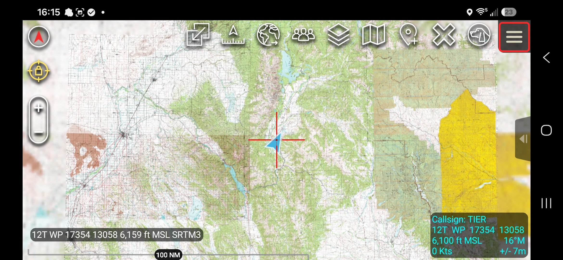 ATAK map view with the hamburger menu in the top-right corner