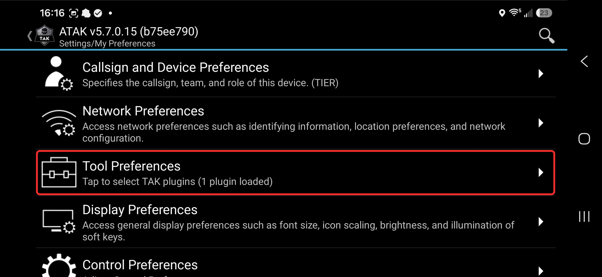 Settings / My Preferences screen with the Tool Preferences row highlighted