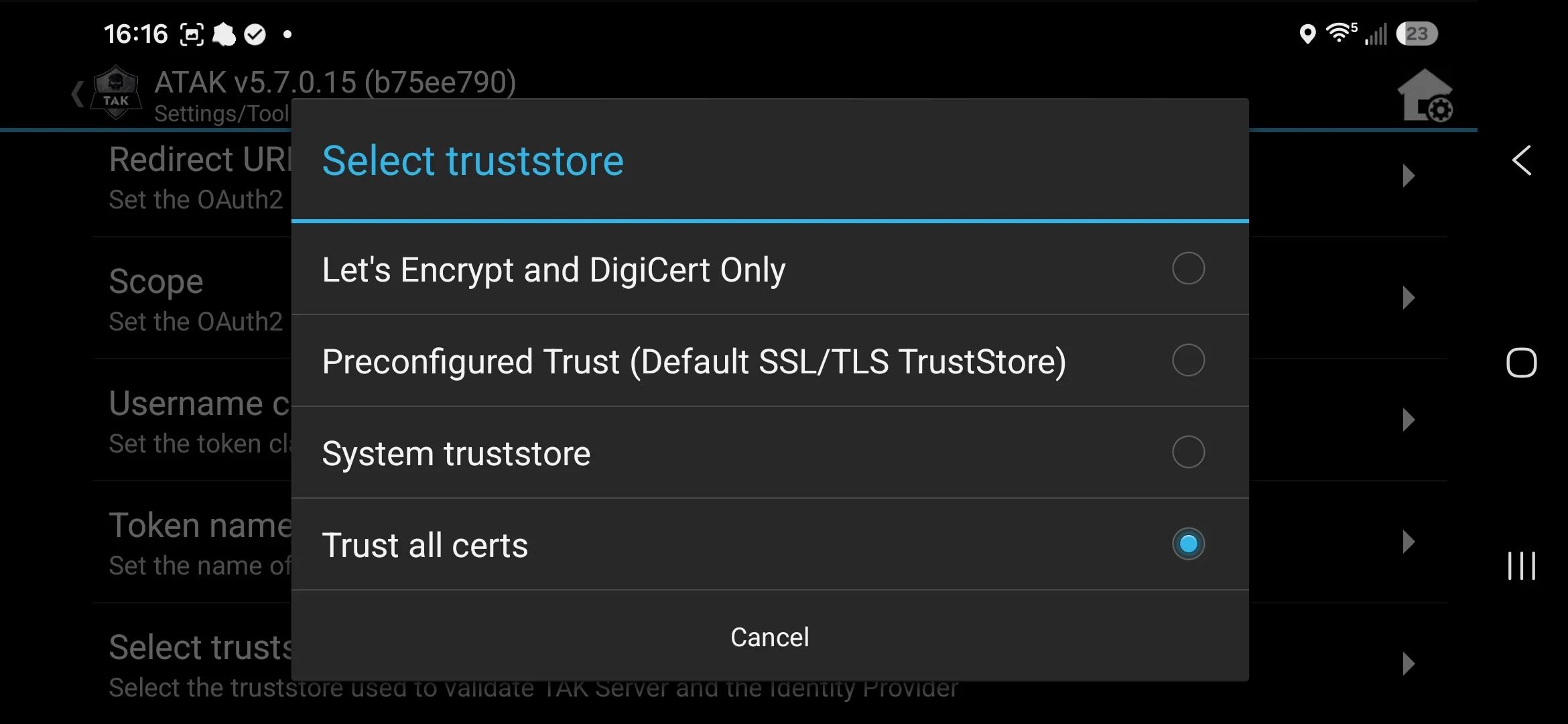 Select truststore dialog with Trust all certs selected