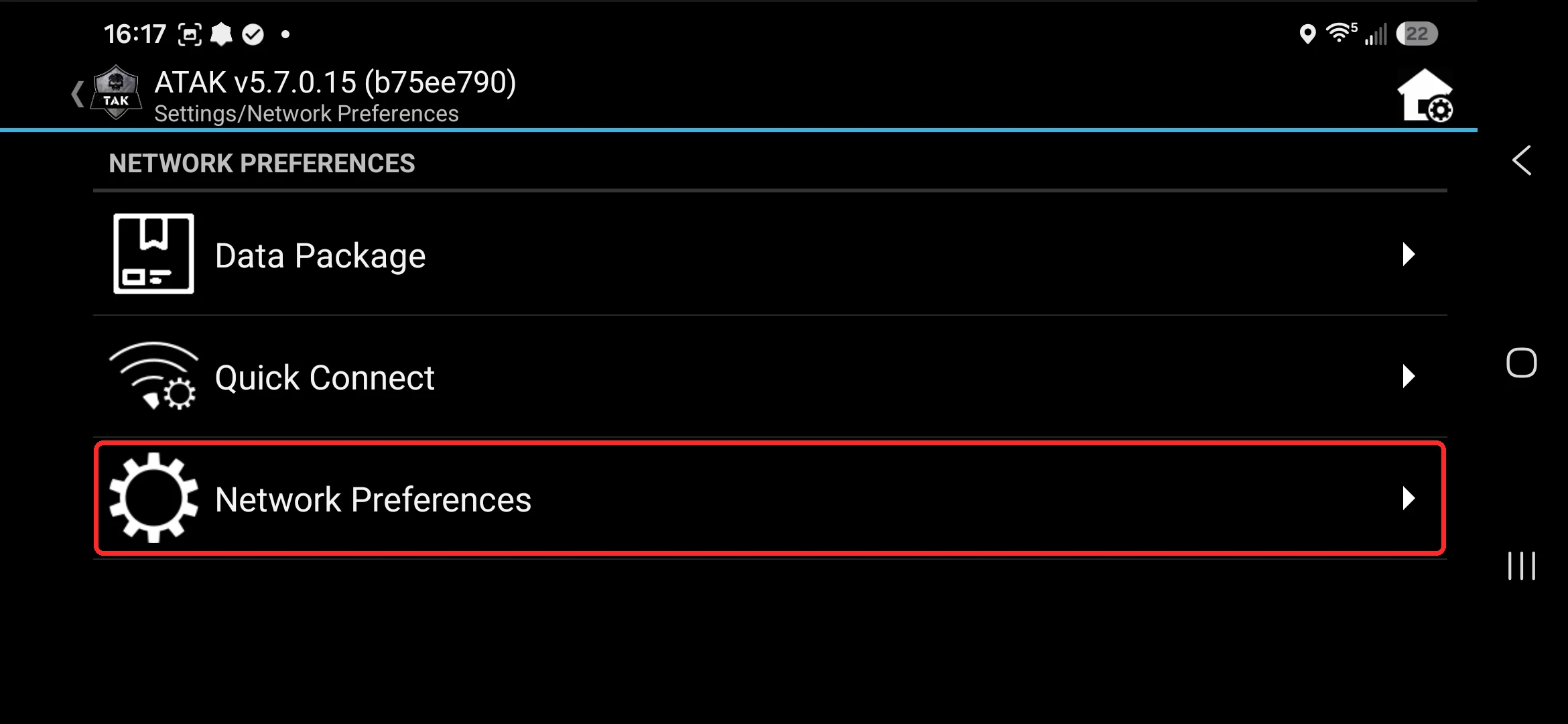 Network Preferences options: Data Package, Quick Connect and Network Preferences