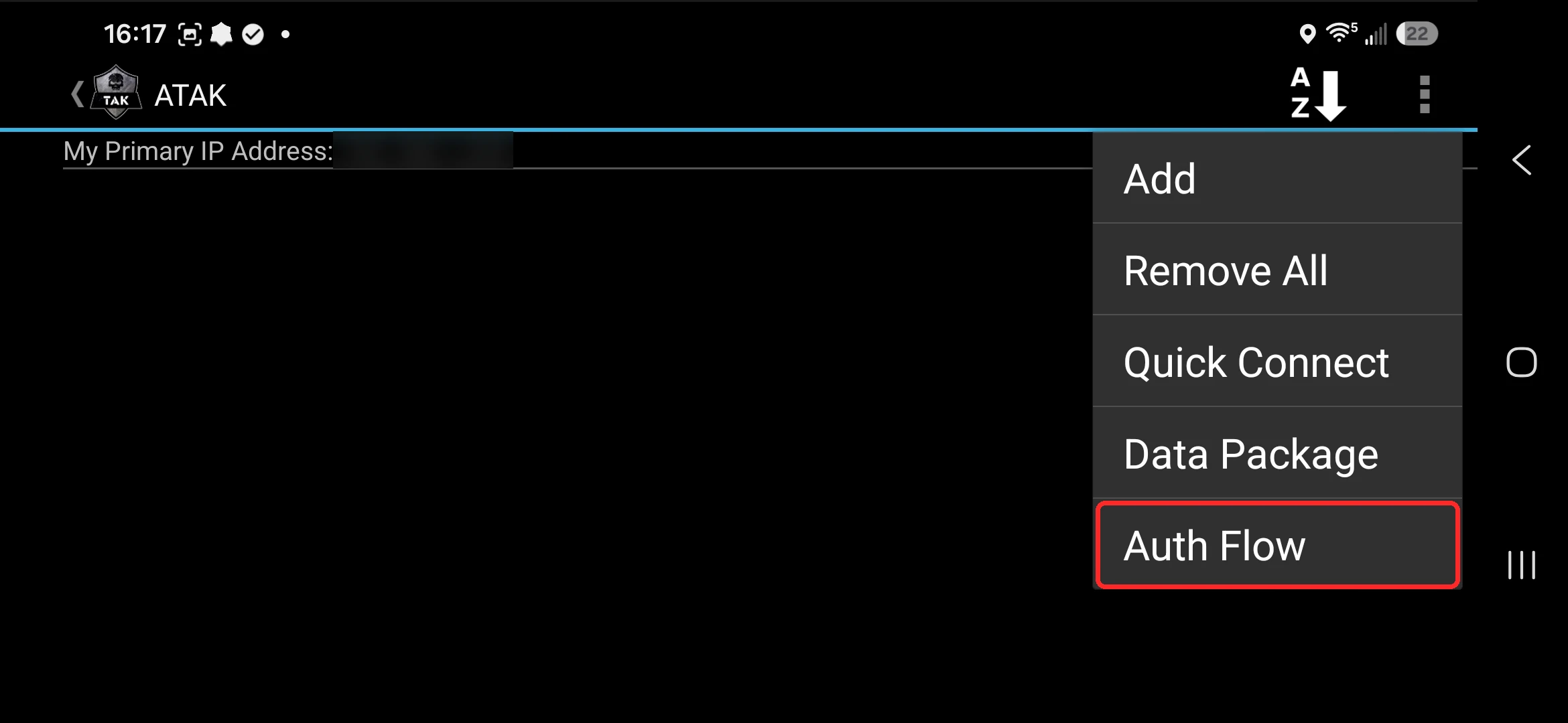 Three-dot menu with Add, Remove All, Quick Connect, Data Package and Auth Flow