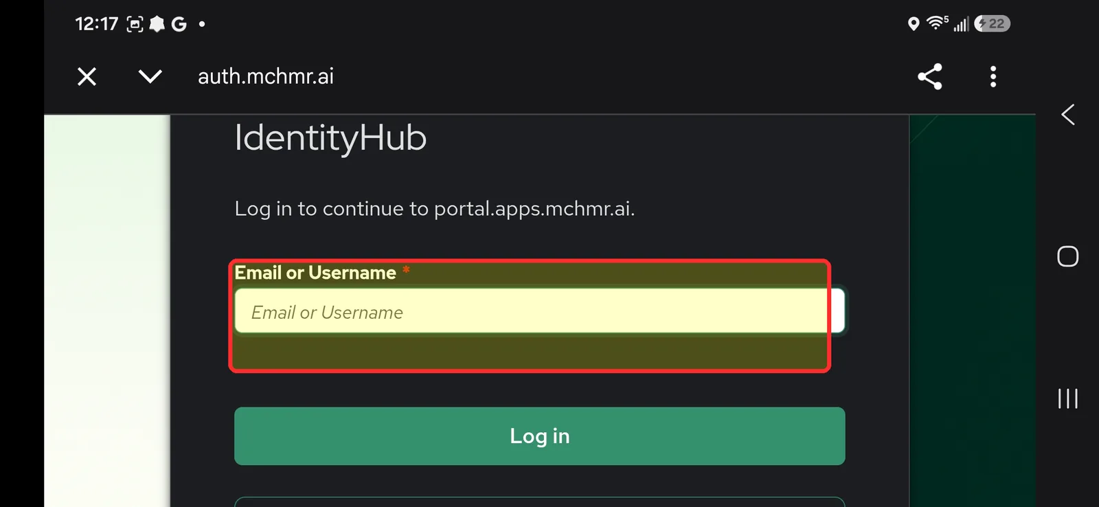 Tactical ID (IdentityHub) login page with the Email or Username field highlighted