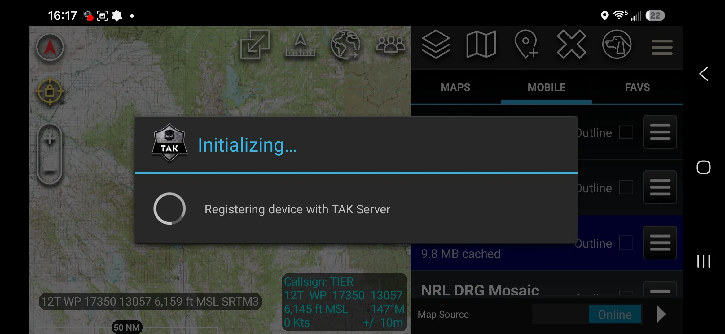 Initializing dialog reading Registering device with TAK Server