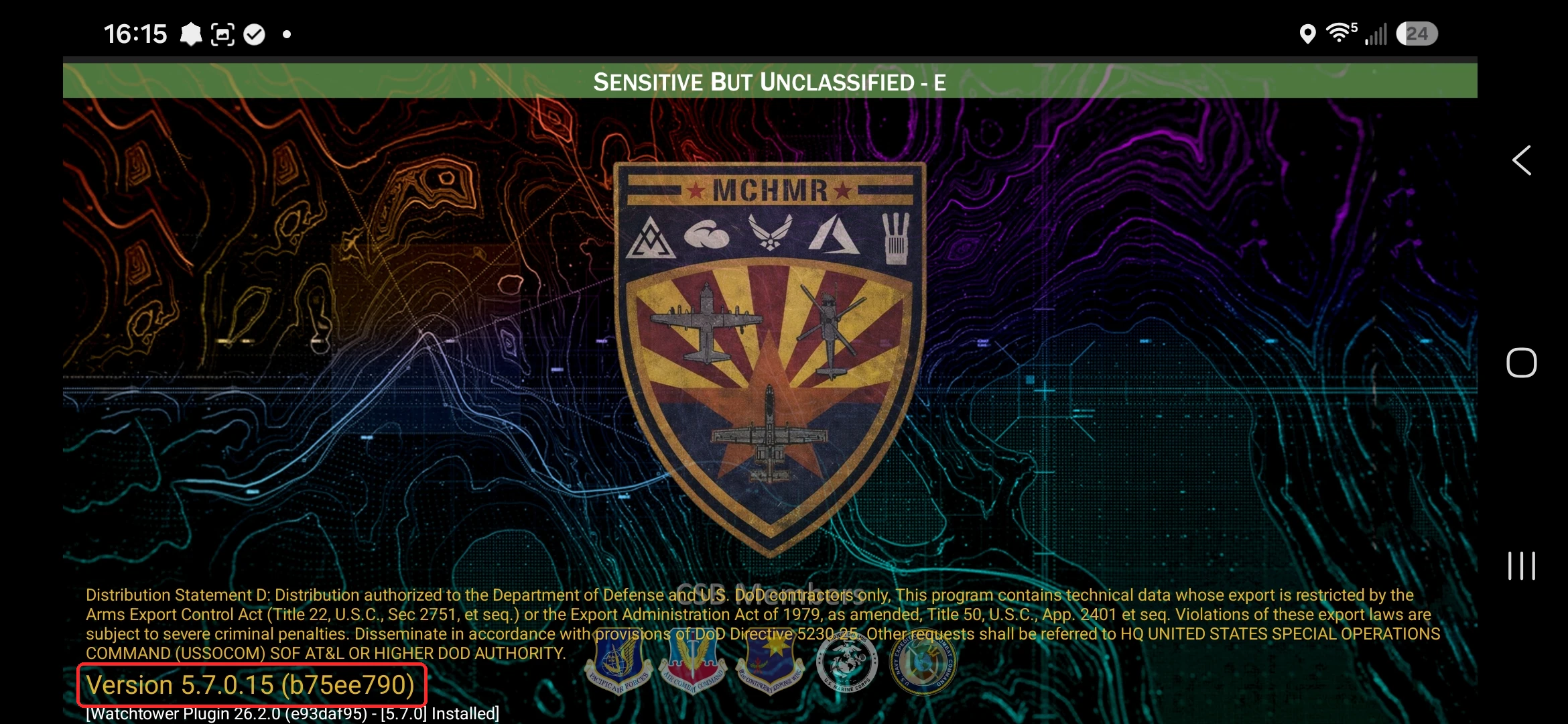 ATAK opening screen with the version number, Version 5.7.0.15, shown in the bottom-left corner