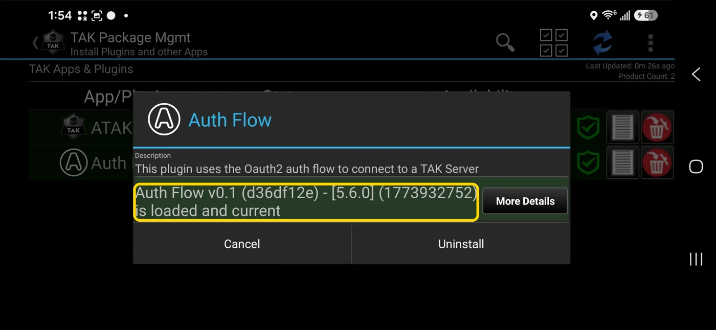 Auth Flow dialog reading Auth Flow v0.1 is loaded and current, with Cancel and Uninstall buttons