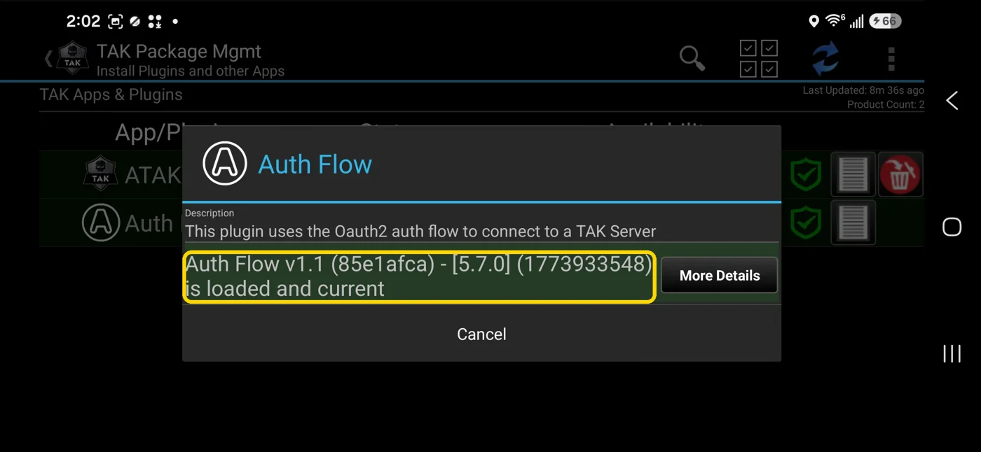 Auth Flow dialog reading Auth Flow v1.1 (85e1afca) - [5.7.0] is loaded and current
