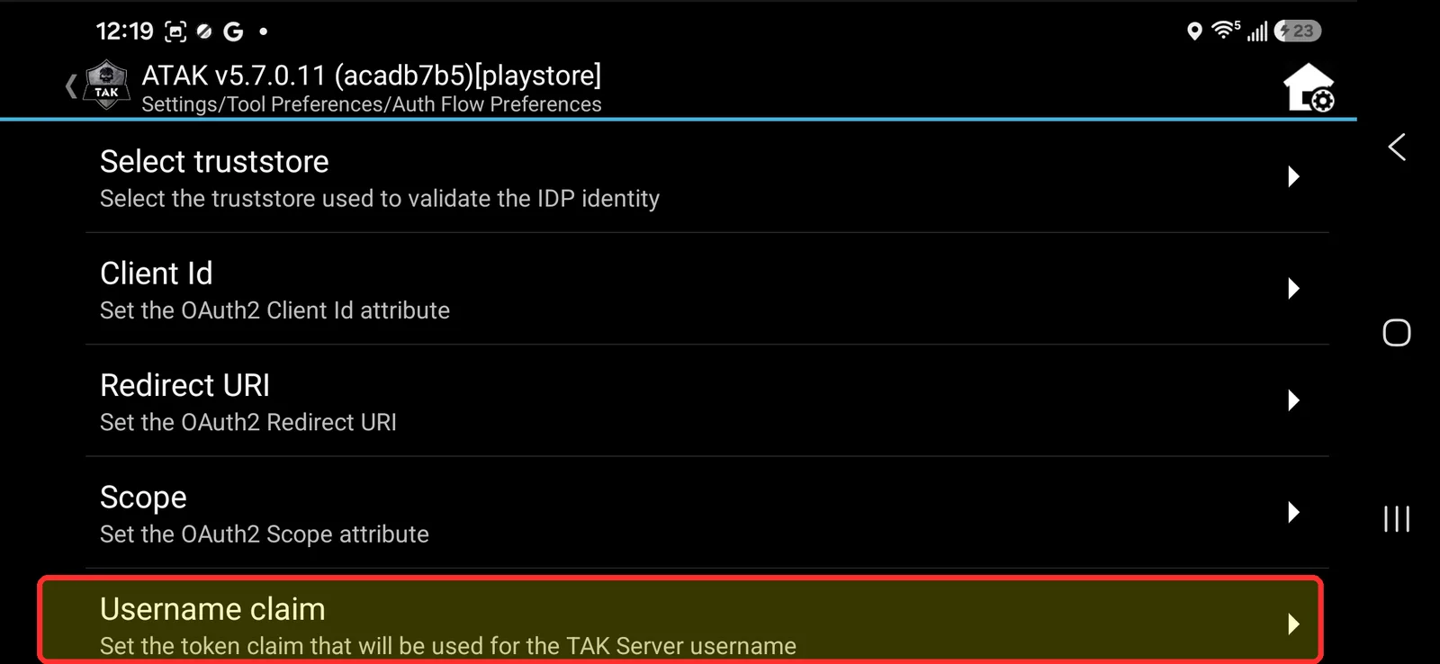 Auth Flow Preferences screen with the Username Claim row highlighted