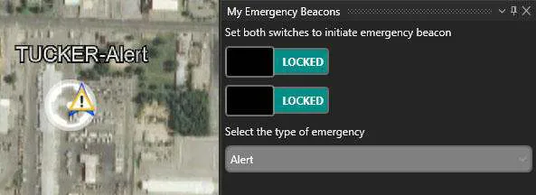 My Emergency Beacons panel with both locked switches enabled and the emergency marker shown on the map