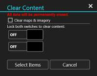 Clear Content dialog with the Clear maps &amp; imagery checkbox and both lock switches off