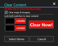 Clear Content dialog with both switches locked and the Clear Now button active