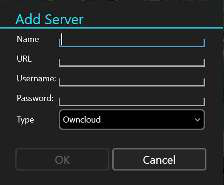 Add Server dialog with Name, URL, Username, Password and server Type fields