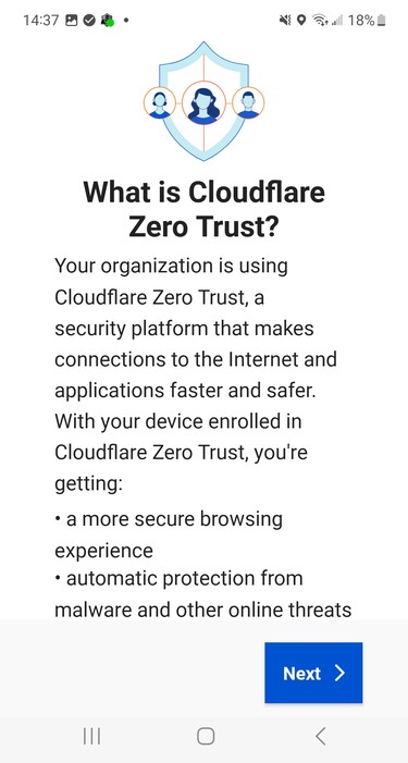 What is Cloudflare Zero Trust intro screen with a Next button