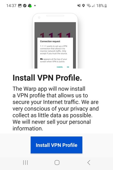 Install VPN Profile screen with an Install VPN Profile button