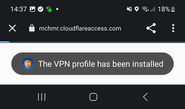 mchmr.cloudflareaccess.com page confirming the VPN profile has been installed