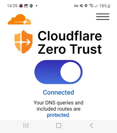 Cloudflare Zero Trust screen showing a Connected state with DNS queries and included routes protected