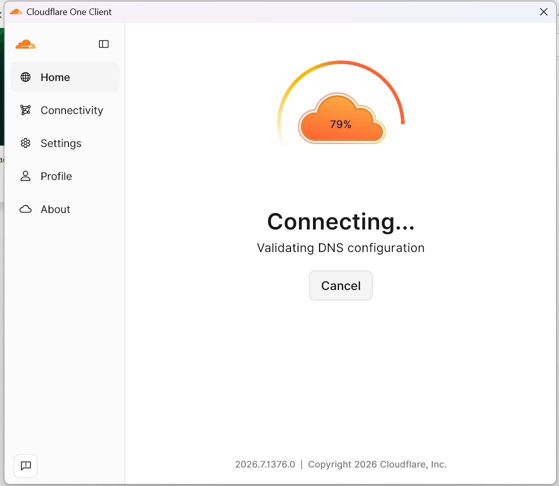Step 9 - Cloudflare One Client showing a Connecting state at 79 percent