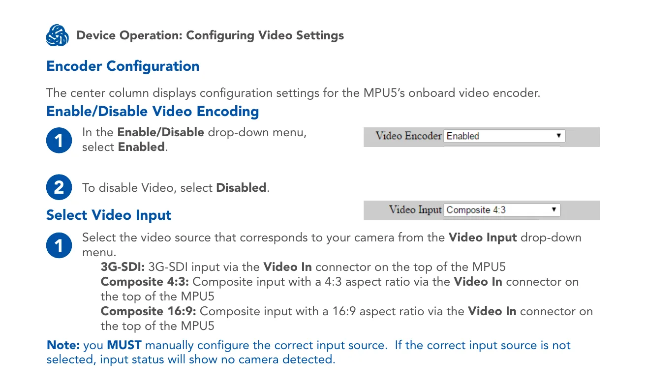 Encoder Configuration — enable/disable and video input