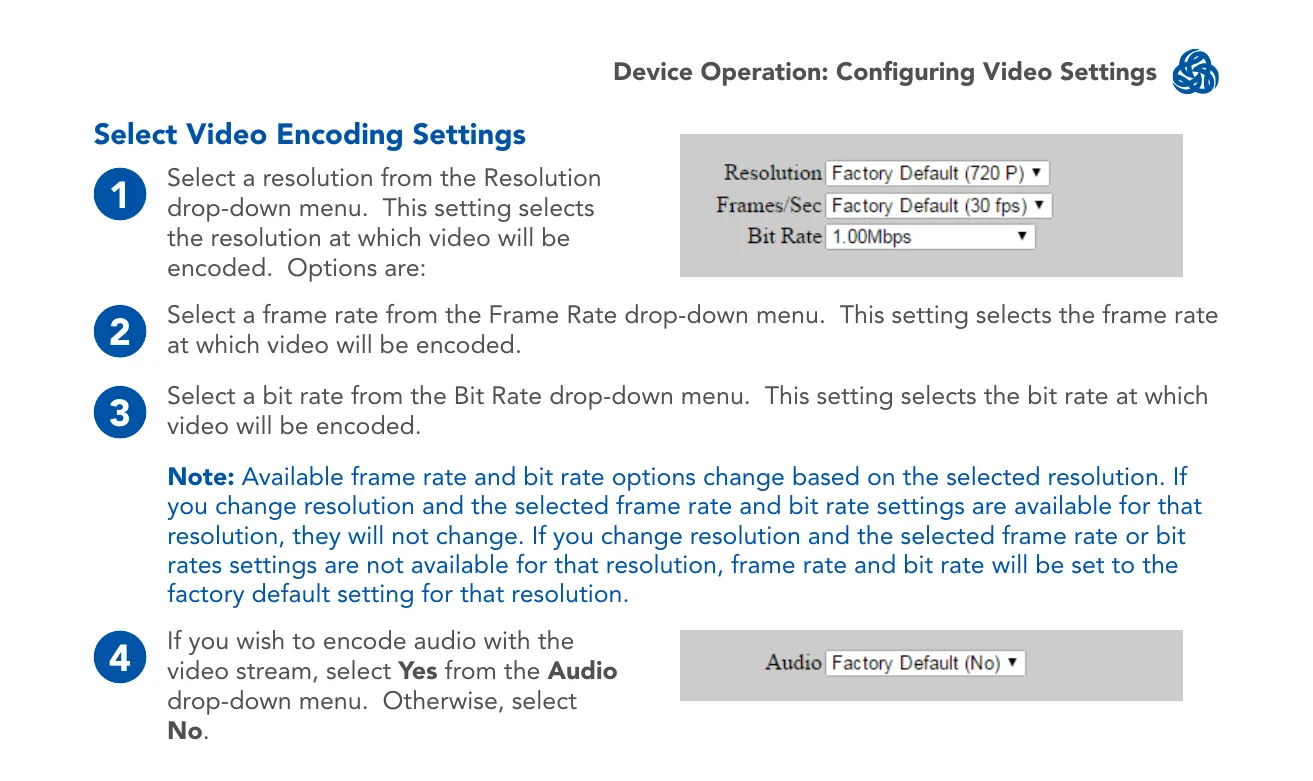 Video Encoding Settings — resolution, frame rate, bit rate, audio