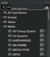Contact list showing All Chat Rooms, Groups, Teams and individual callsigns