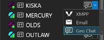 Drop-down beside the Chat icon showing XMPP, Email and GeoChat options for a contact