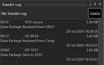 Transfer Log listing Data Packages sent and received on the local device