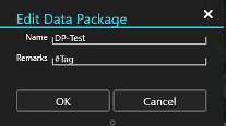 Edit Data Package dialog with Name and Remarks fields