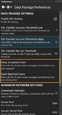 Data Package Preferences with transfer thresholds, Clear Accepted Users, Clear Rejected Users and advanced network settings