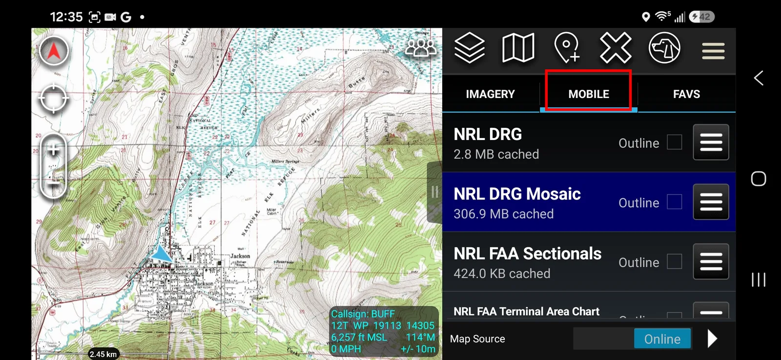 Mobile tab screen with the MOBILE tab highlighted, showing NRL DRG, NRL DRG Mosaic, and NRL FAA Sectionals