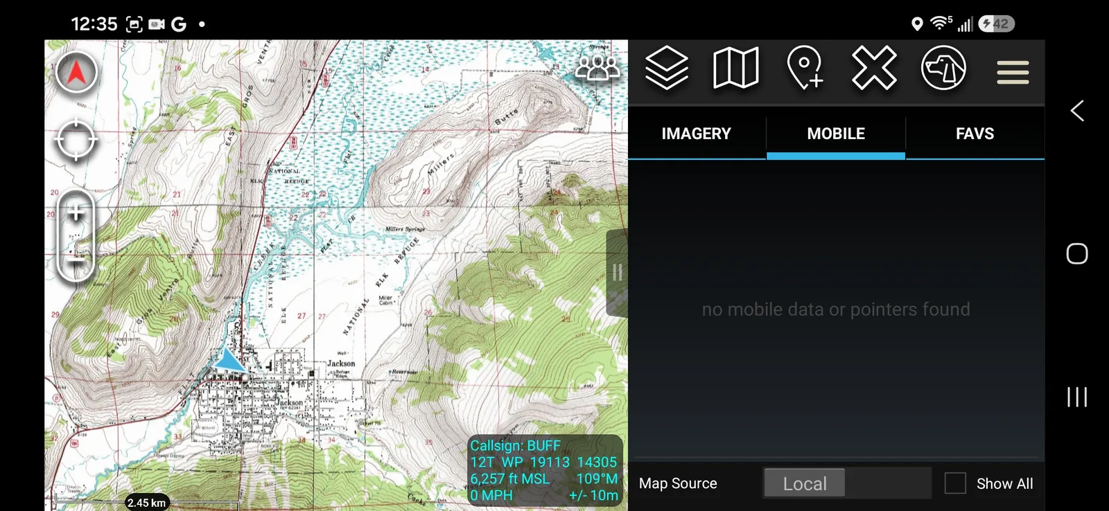 Mobile tab with Map Source toggled to Local, showing "no mobile data or pointers found"