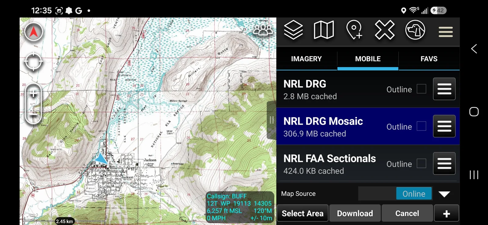 NRL DRG Mosaic selected with Select Area, Download, Cancel, and + buttons at the bottom