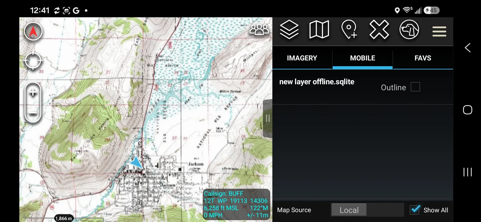 Mobile tab with Map Source toggled to Local, showing the new downloaded layer offline.sqlite