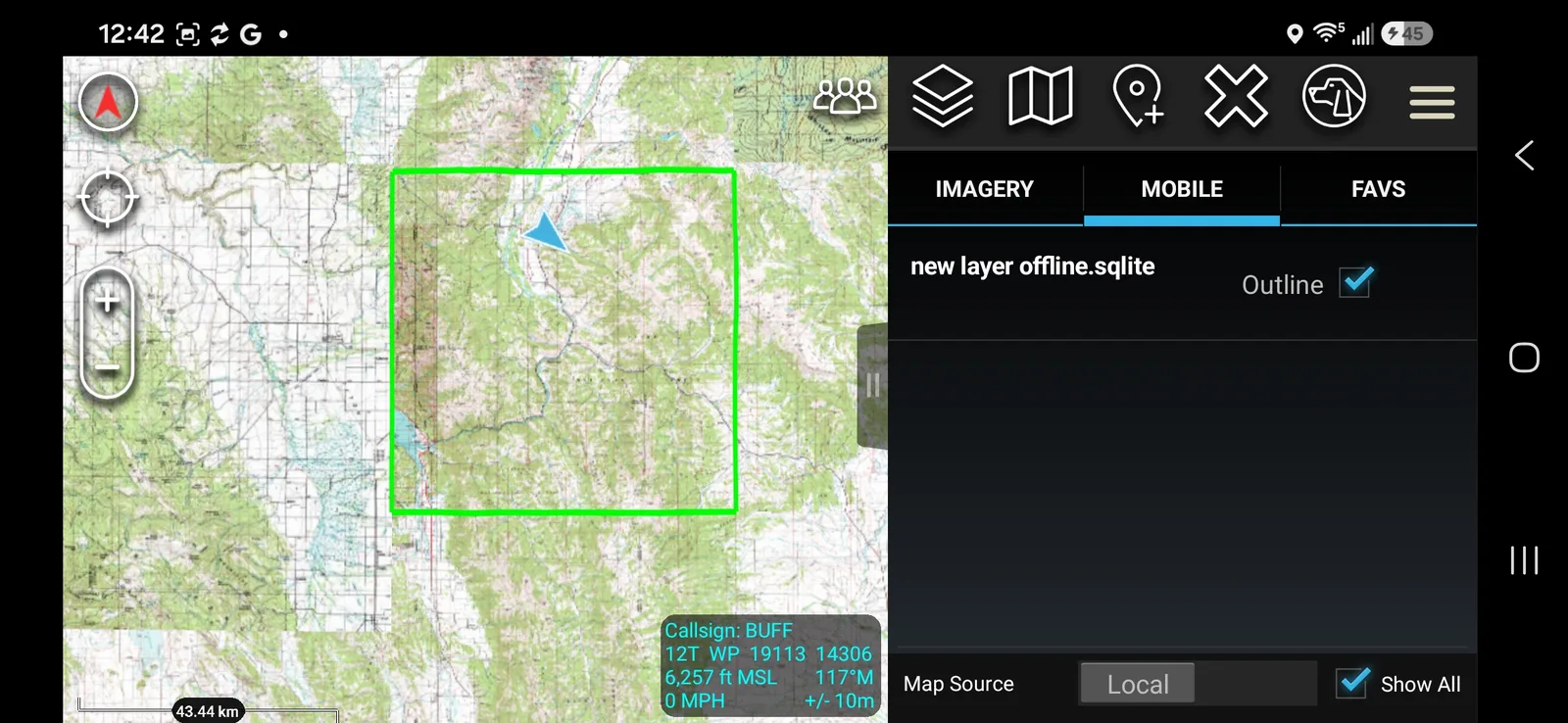 Downloaded area shown with Outline enabled, displaying a green boundary around the covered tiles