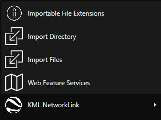 Import Manager menu with Importable File Extensions, Import Directory, Import File, Web Feature Service and KML Network Link