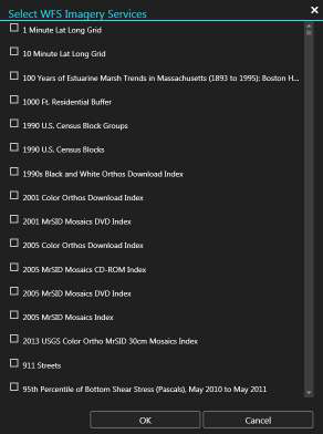 Select WFS Imagery Services window listing available layers with checkboxes and a filter field