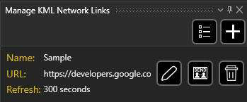 Manage KML Network Links panel with Name, URL and Refresh interval for a link