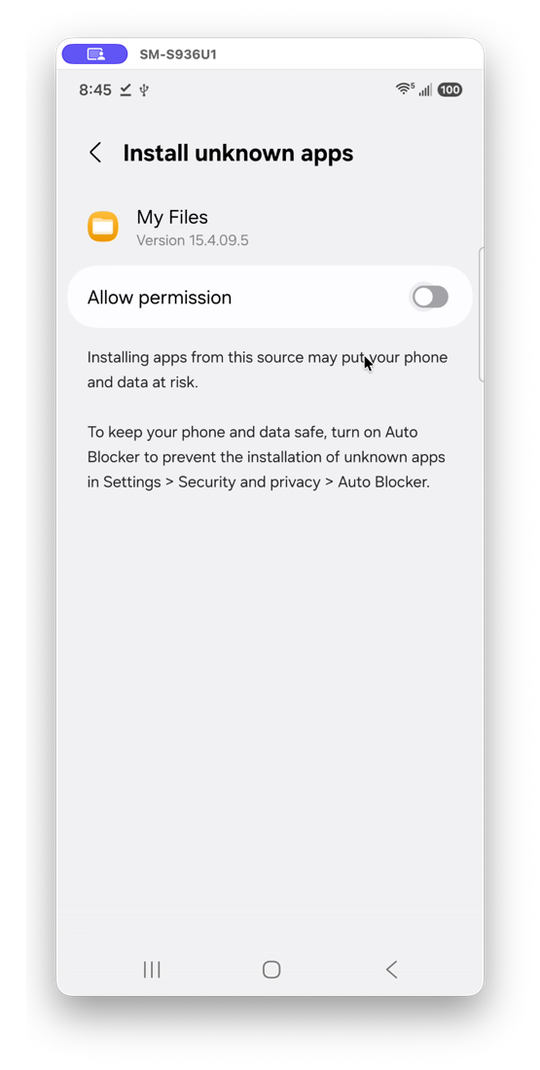 Install unknown apps screen for My Files with the Allow permission toggle off