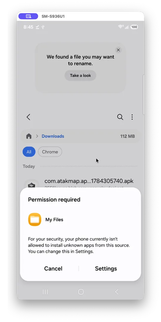 "Permission required" dialog prompting to open Settings to allow installs from this source