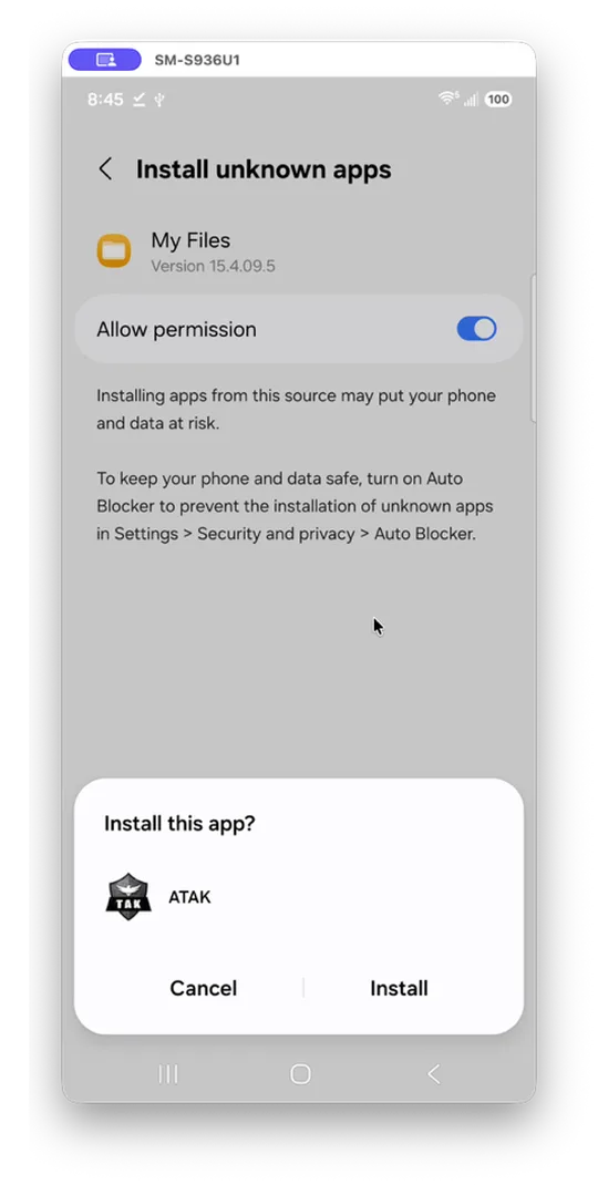 Install unknown apps screen with Allow permission toggled on, and an "Install this app?" dialog for ATAK