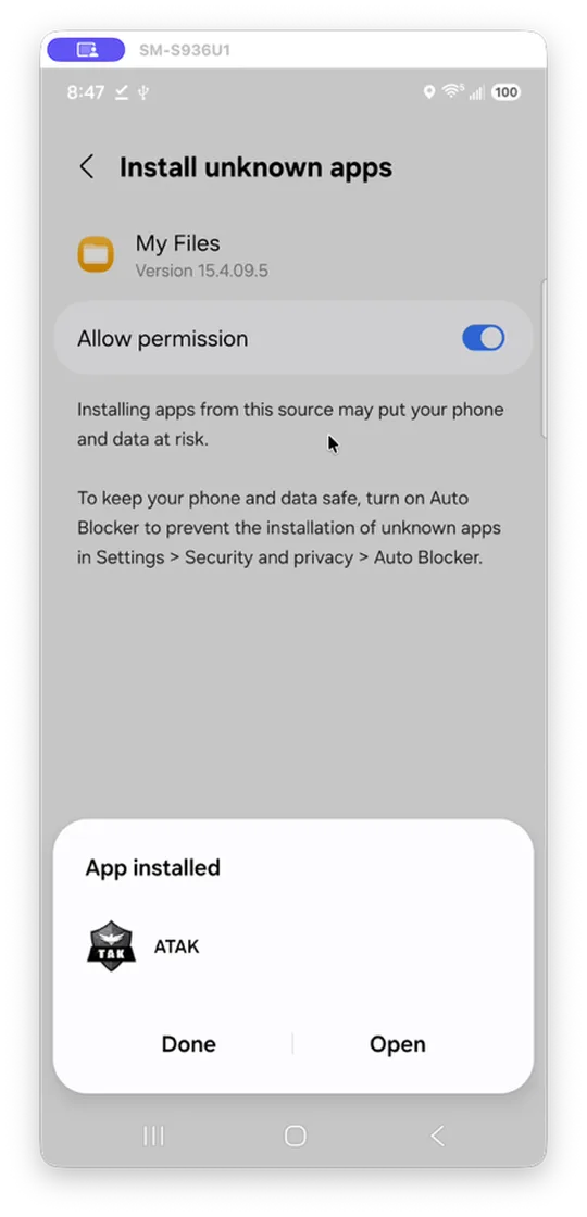 "App installed" dialog for ATAK with Done and Open options