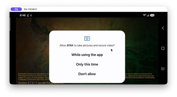 Allow ATAK to take pictures and record video? prompt with While using the app, Only this time, and Don't allow options