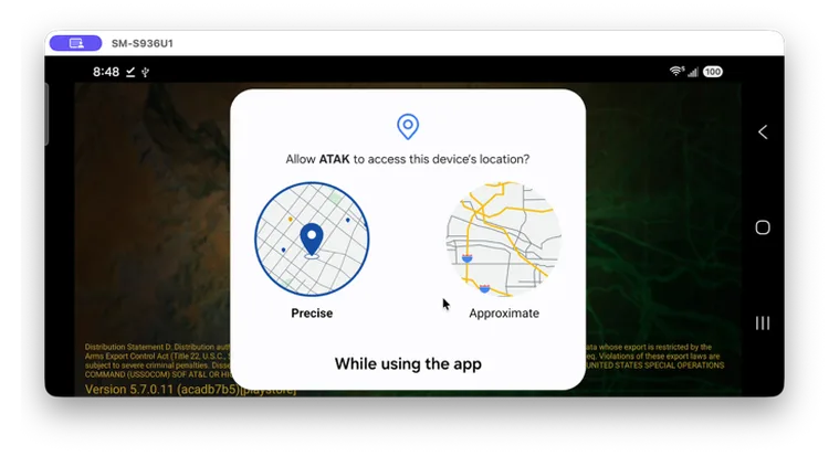 Allow ATAK to access this device's location? prompt with Precise/Approximate and While using the app options
