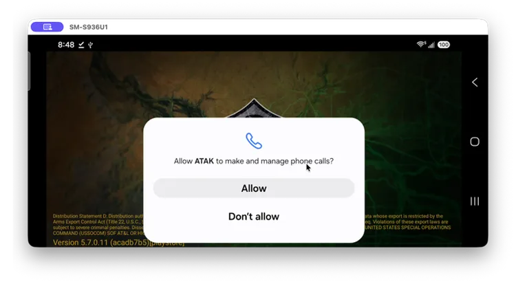 Allow ATAK to make and manage phone calls? prompt with Allow and Don't allow options