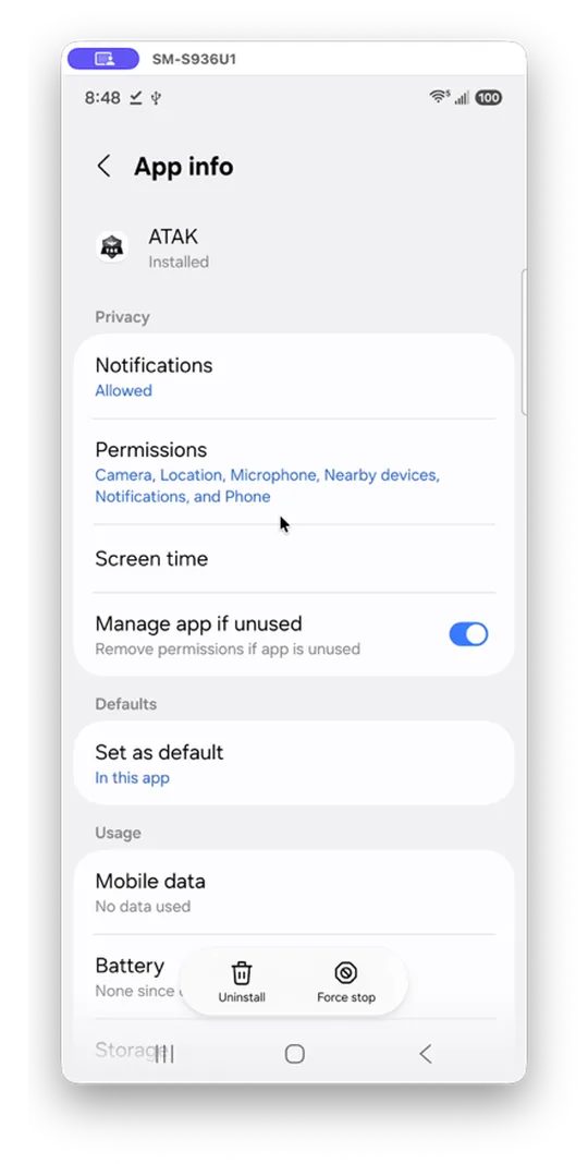 ATAK App info screen showing Notifications, Permissions, and Screen time settings