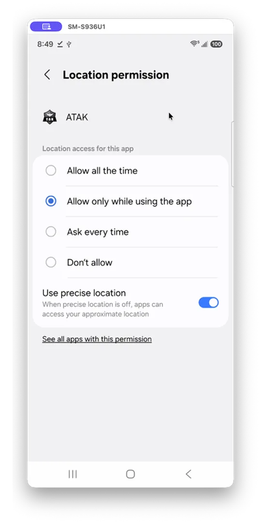 Location permission screen with "Allow only while using the app" selected