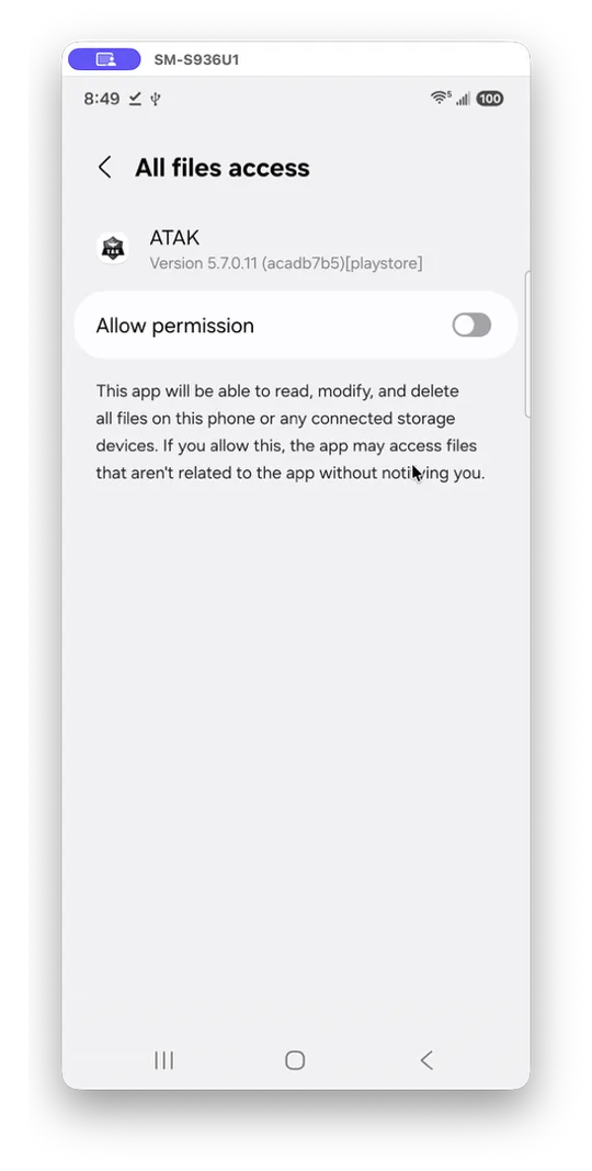 All files access screen for ATAK with the Allow permission toggle off