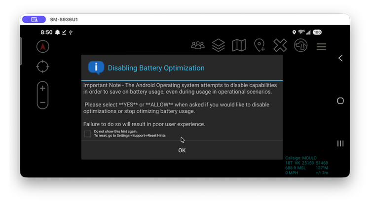 "Disabling Battery Optimization" note explaining to select Yes or Allow when prompted, with an OK button