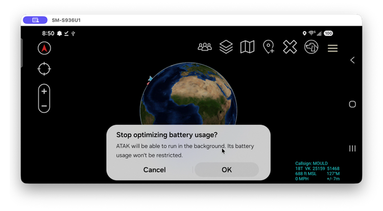 "Stop optimizing battery usage?" dialog with Cancel and OK options
