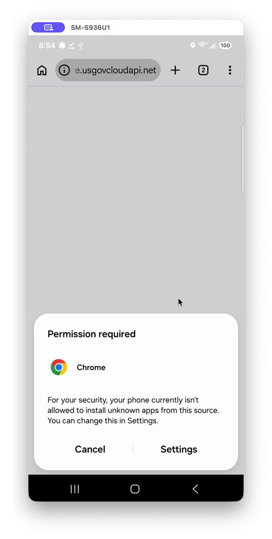 "Permission required" dialog for Chrome, with Cancel and Settings options